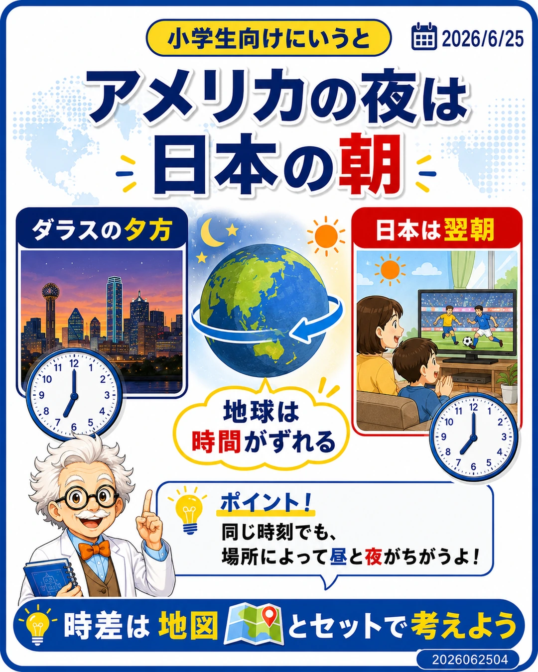 アメリカの夜が日本の朝になる時差の考え方を小学生向けに説明するスライド