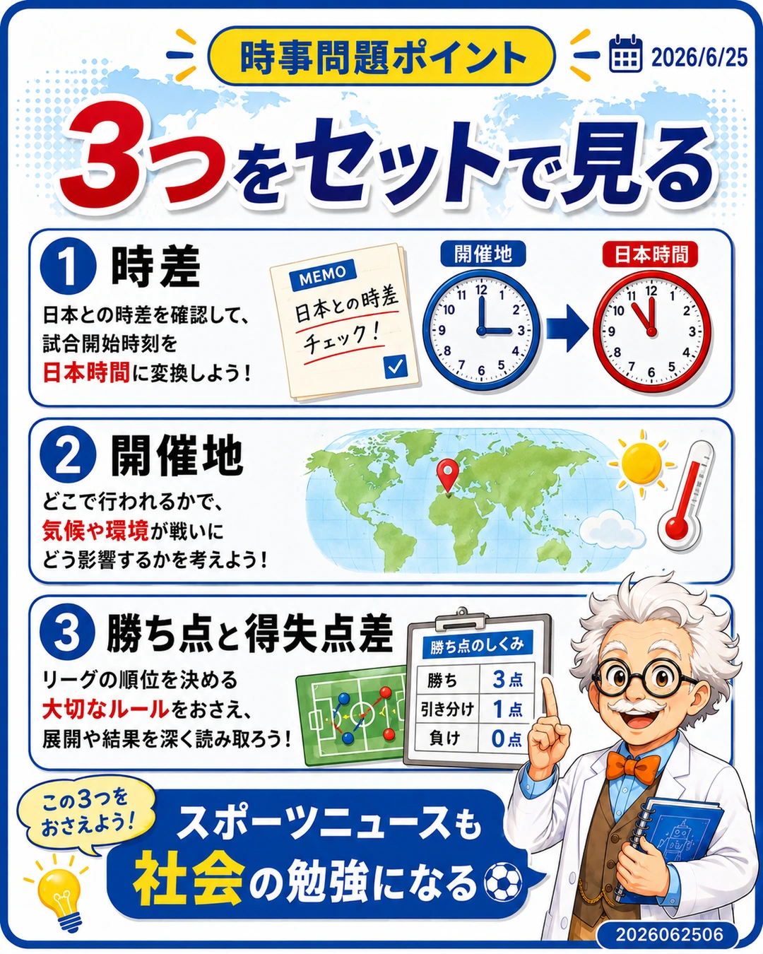 日本対スウェーデン戦の時事問題ポイントとして時差、開催地、勝ち点を整理するスライド