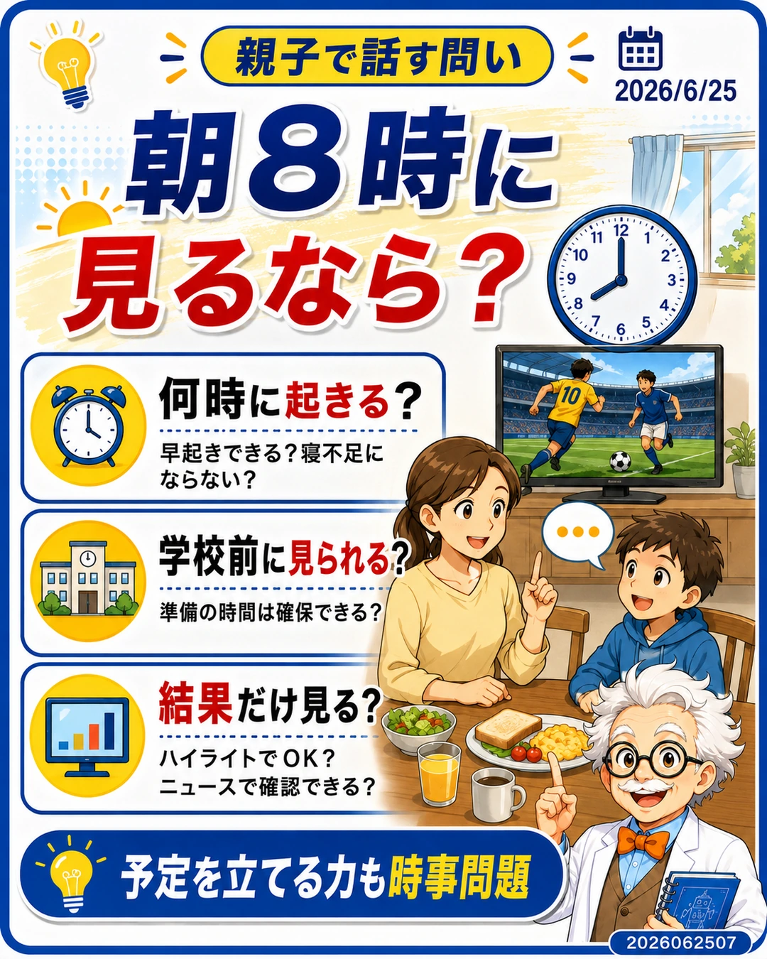 朝8時開始の日本対スウェーデン戦を見るための予定を親子で話す問いのスライド