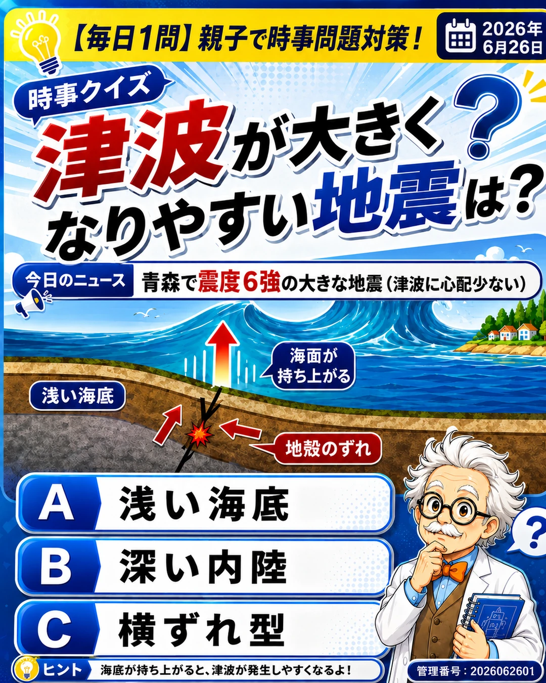 津波が大きくなりやすい地震の特徴を問う三択クイズ