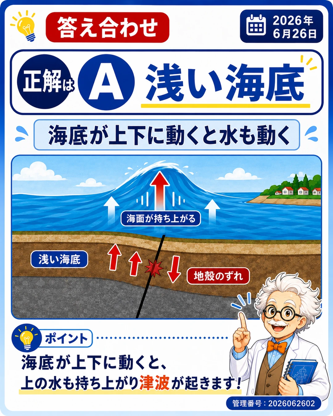 津波クイズの正解がAの浅い海底であることを示す答え合わせスライド