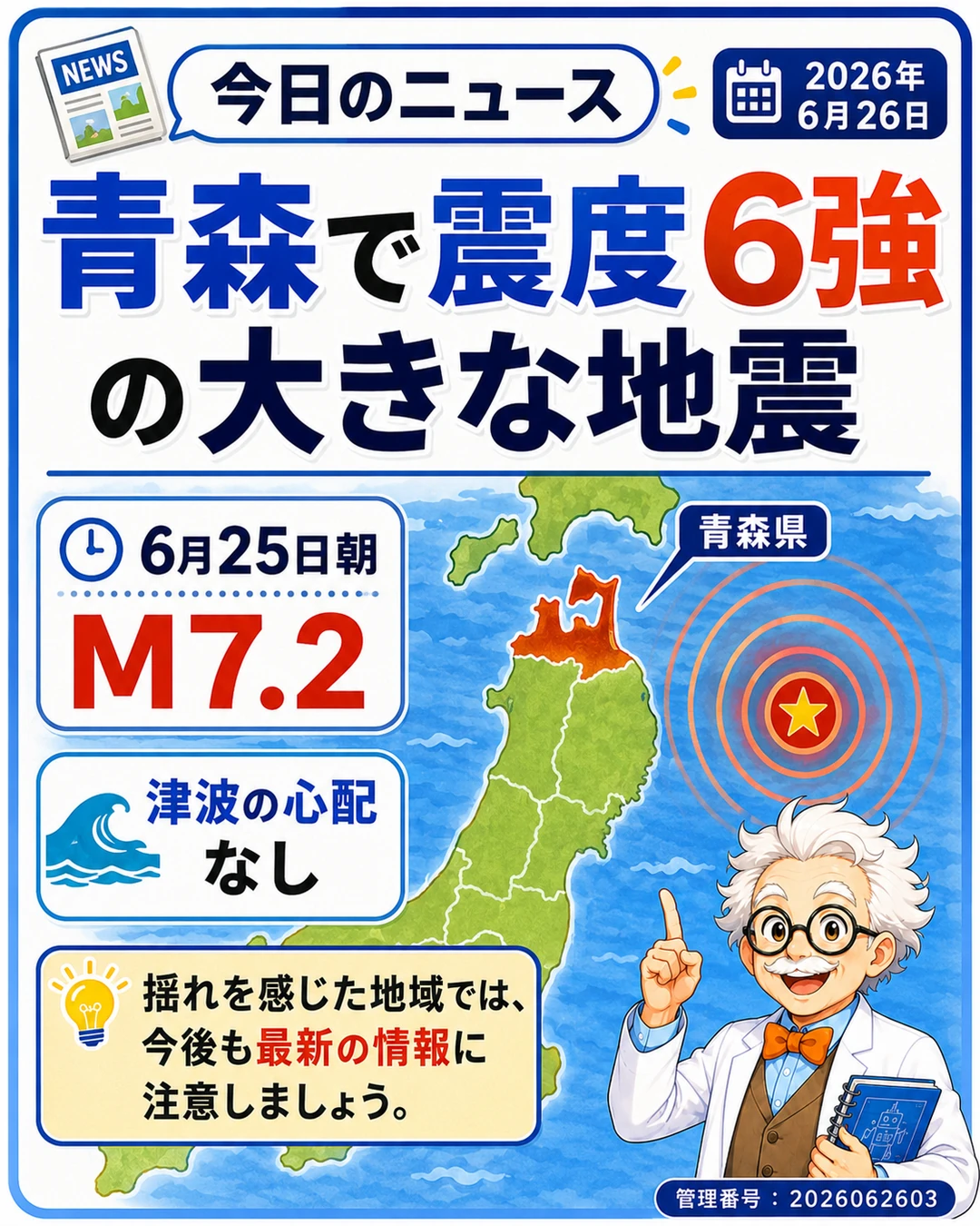 6月25日朝の岩手県東方沖の地震と青森で震度6強を観測したニュースを説明するスライド