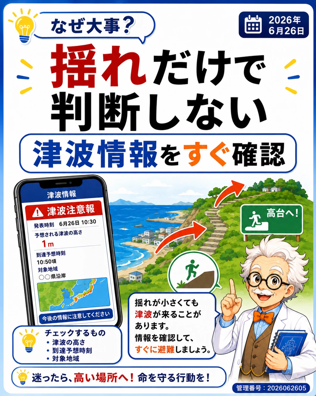津波は揺れの強さだけで判断せず津波情報を確認する必要があることを説明するスライド