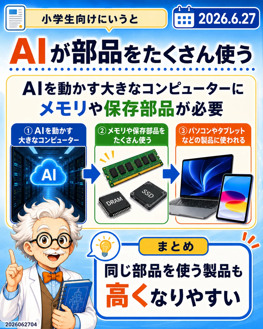 AIデータセンターがメモリや保存部品を使う仕組みを小学生向けに説明