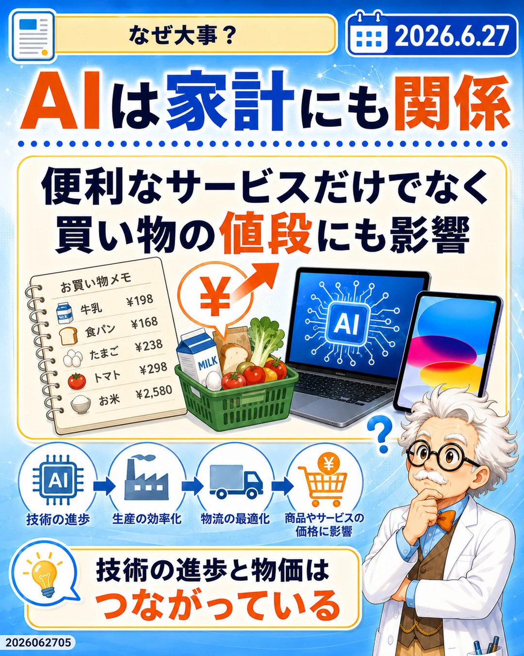 AIの広がりが家計や買い物の値段に関係することを示すスライド
