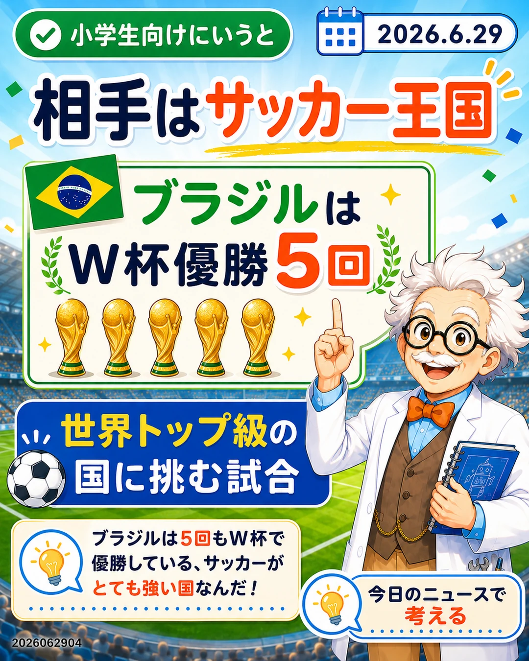 ブラジルはW杯優勝5回のサッカー王国だと小学生向けに説明するスライド