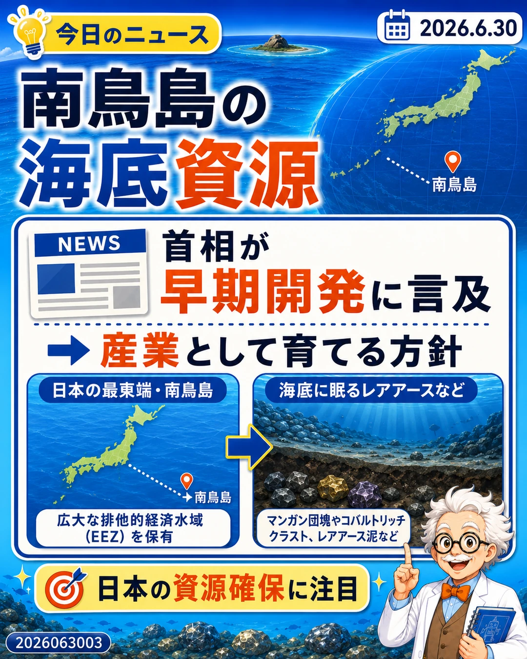 南鳥島周辺の海底資源と早期開発方針を説明するニュース解説スライド
