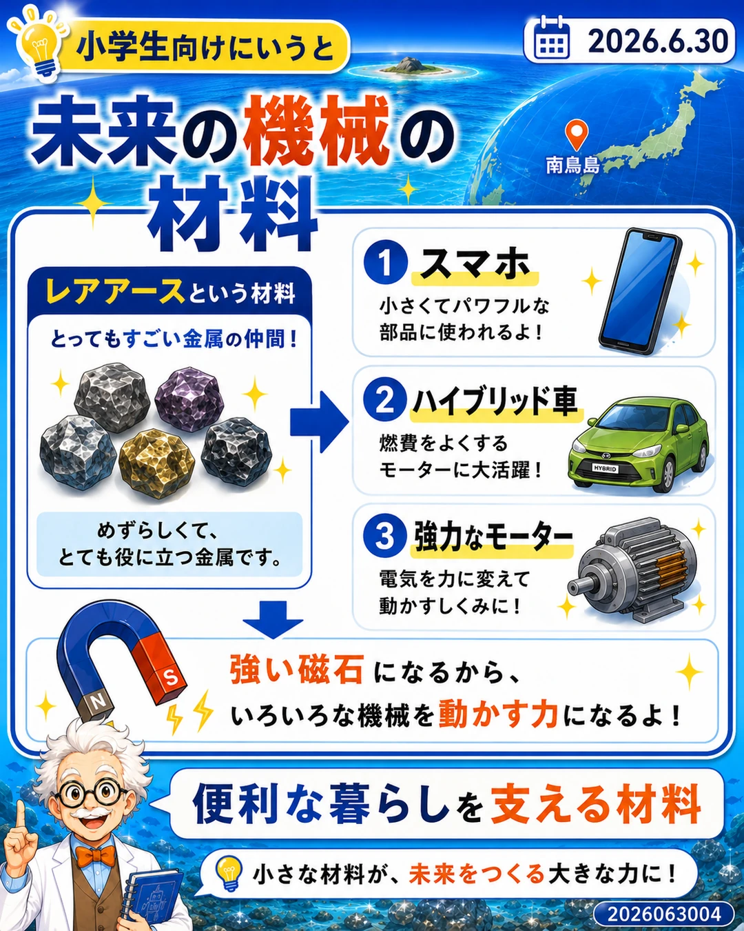 レアアースがスマホやハイブリッド車など未来の機械の材料になることを説明するスライド
