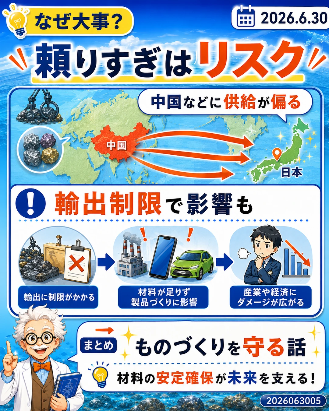 レアアース供給を外国に頼りすぎるリスクと輸出制限の影響を説明するスライド