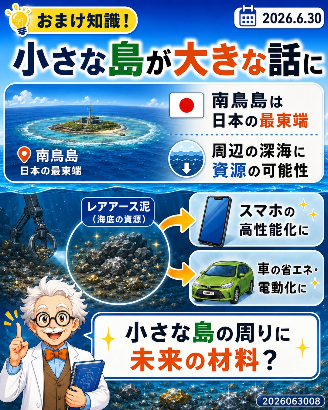 南鳥島周辺の深海資源と未来の材料を説明するおまけ知識スライド