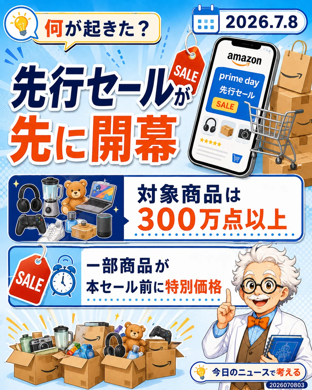 Amazonプライムデー2026の先行セールが本セールより先に開幕し対象商品が300万点以上と説明するスライド