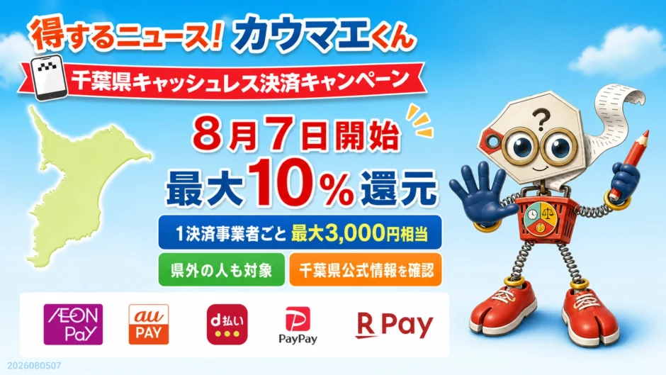 千葉県で8月7日から最大10％還元、1決済事業者ごと上限3,000円相当、県外者も対象と示す横長画像