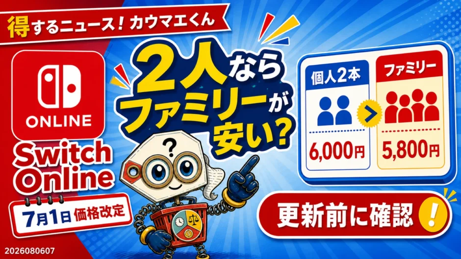 Nintendo Switch Onlineは2人ならファミリープランが安いかを価格改定後に確認