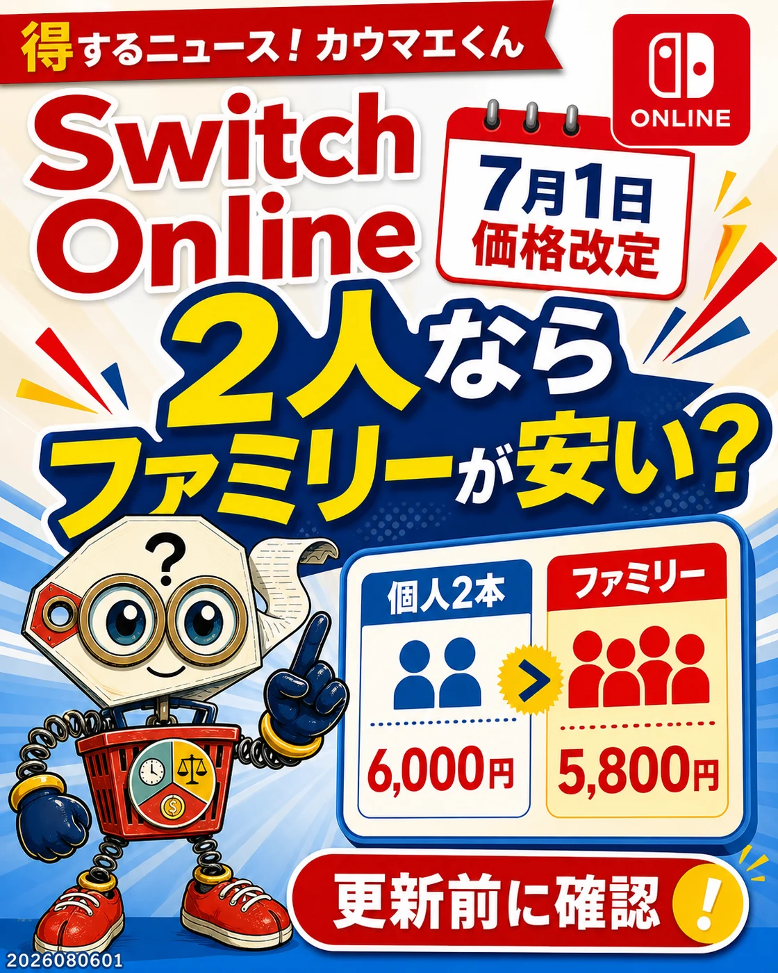 Nintendo Switch Onlineは7月1日価格改定後、2人ならファミリーが安いかを比較