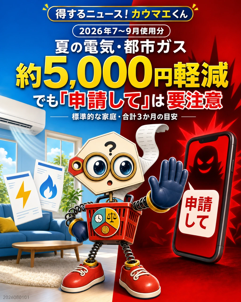 2026年夏の電気・都市ガスが3か月約5000円軽減・申請を求める連絡に注意
