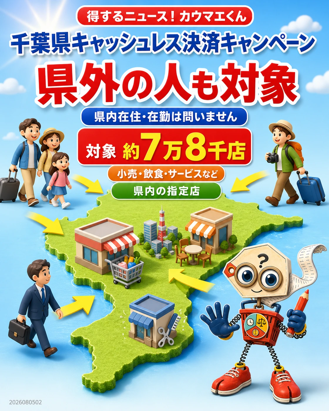 県内在住・在勤を問わず県外の人も対象、千葉県内の指定店約7万8千店と示す画像