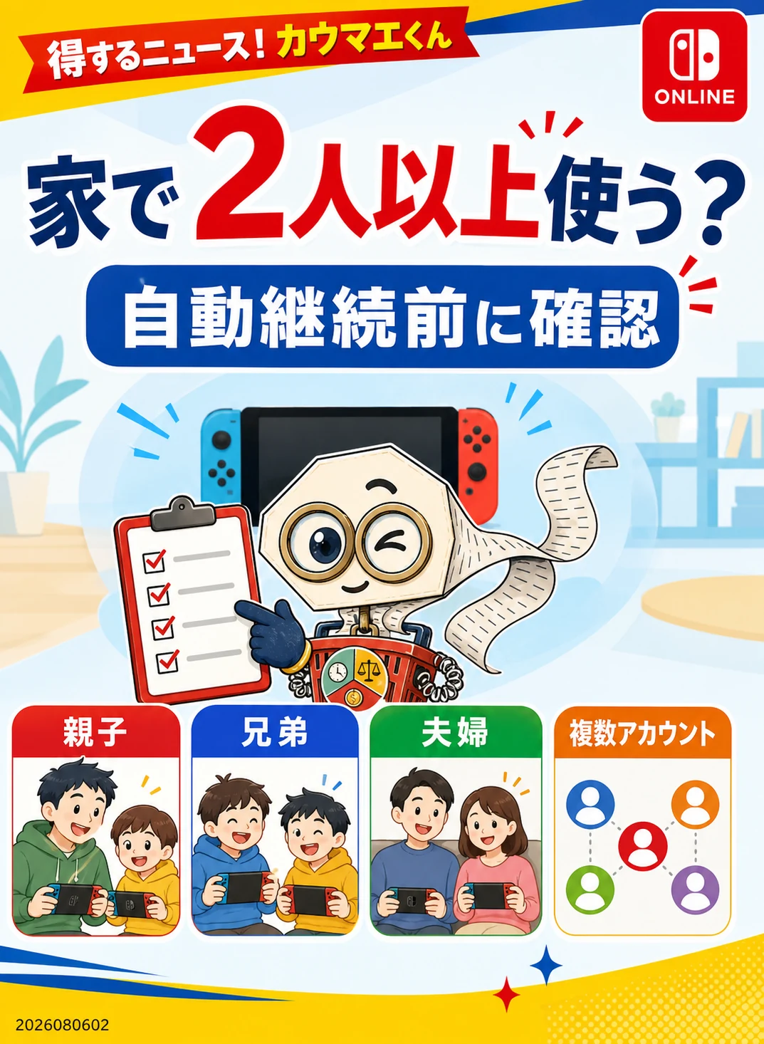 家で2人以上Nintendo Switch Onlineを使う人は自動継続前に確認