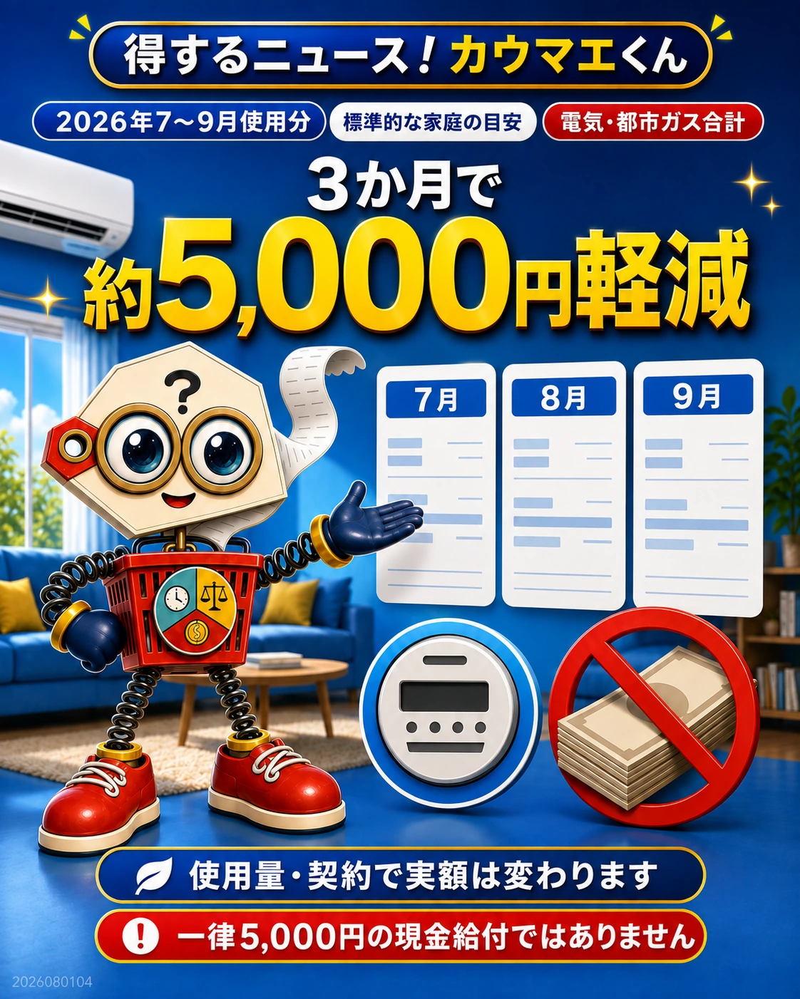 標準家庭で電気と都市ガス合計3か月約5000円軽減の目安