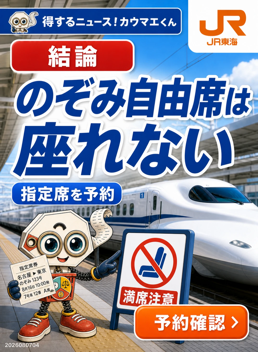のぞみ自由席には座れないため指定席予約が必要という結論